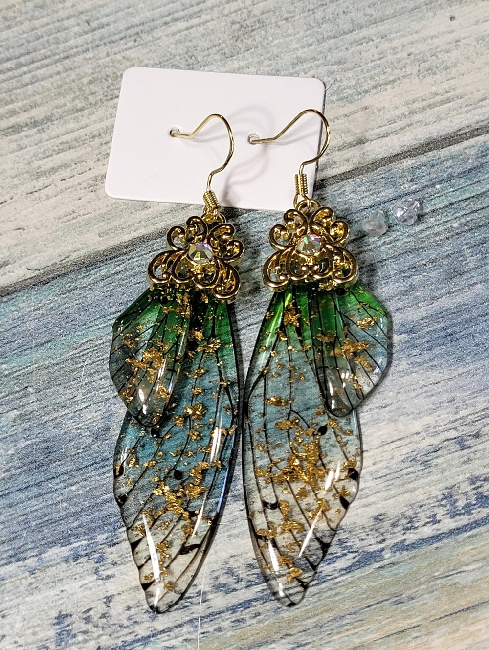 Gold & Green Wings Resin Dangle Earrings - Women Jewelry